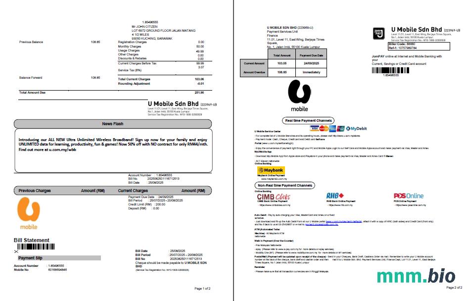 Malezja U Mobile rachunek za media szablon w formacie Word i PDF, 2 strony
